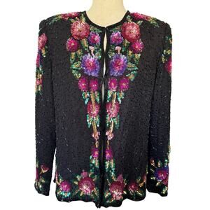 VTG BRILLIANTE BY J.A Silk Sequin Jacket Beaded Floral 80’s 90’s Glams Retro L